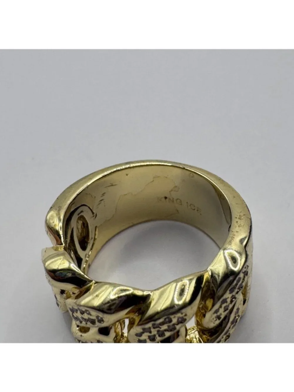 KING ICE Yellow Gold Plated Clear Cz Cuban Link Statement Pinky Ring Size 8